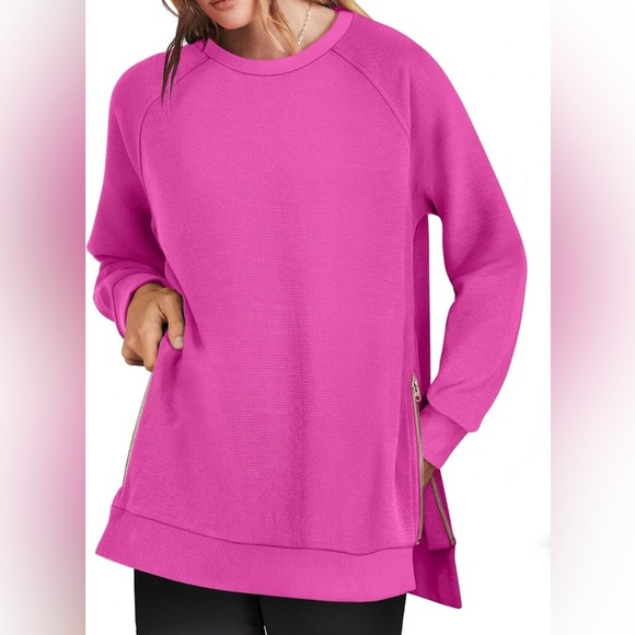 Anrabess Size XL oversized hot Pink Sweatshirt with Side Zippers crew neck - Picture 2 of 10